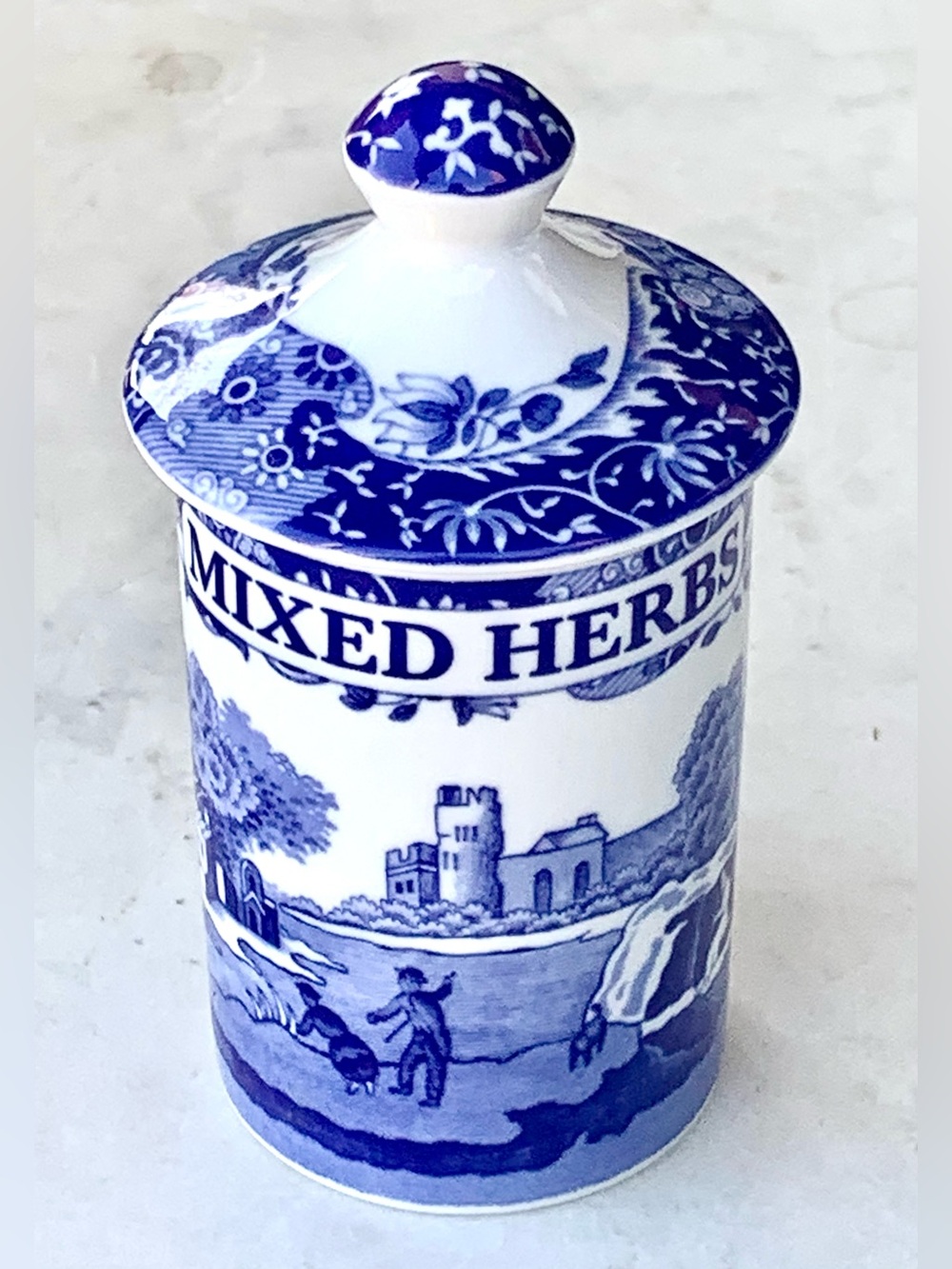 SPODE BLUE ITALIAN  Blue and White 'Mixed Herbs' Ceramic Spice Jar with Lid 4IN